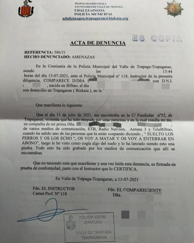 Los ocupas de Trapagaran han sido denunciados por amenazas de muerte